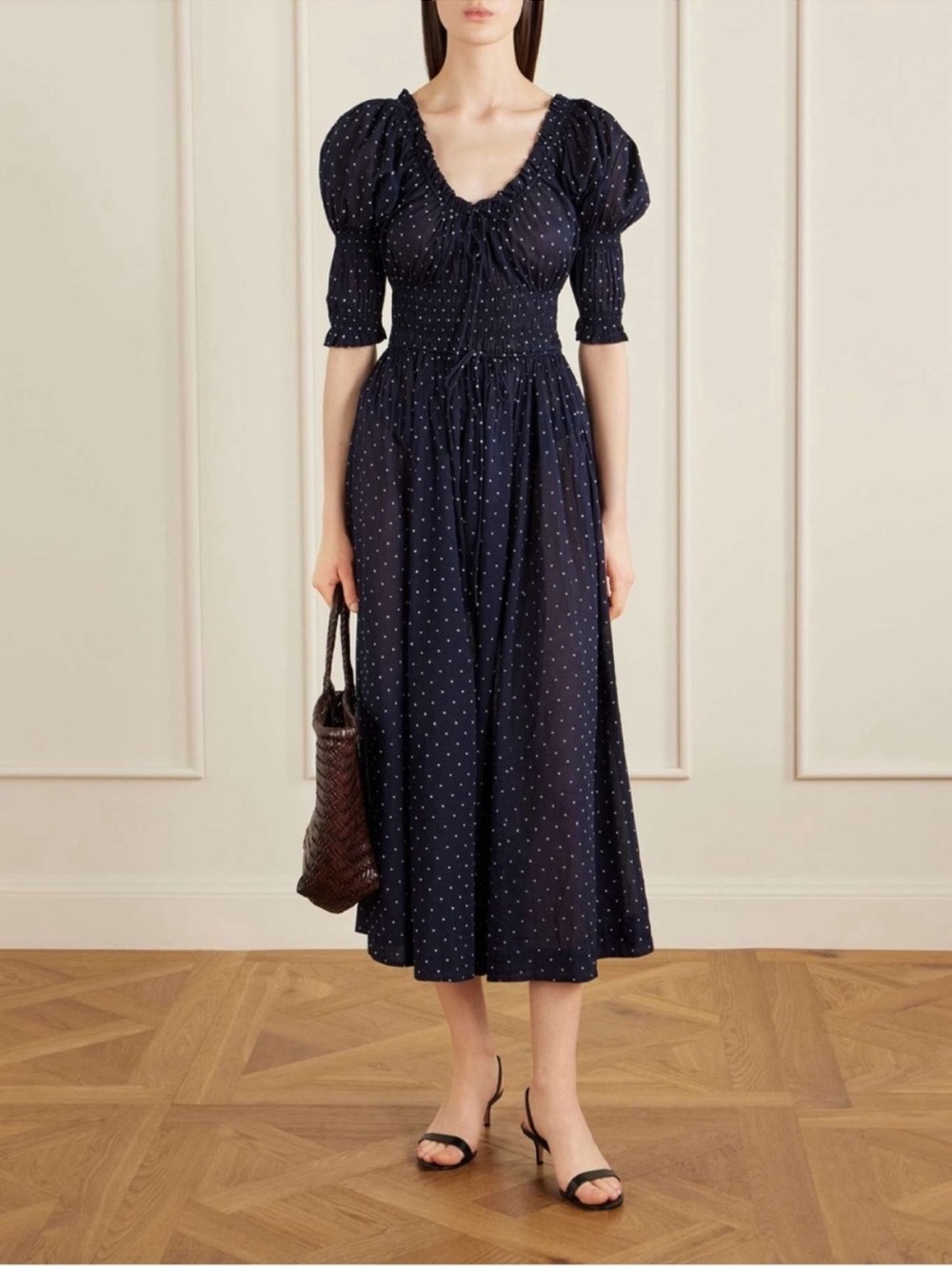 DOEN Ischia shirred polka dot organic cotton voile midi dress Navy Flock Dot